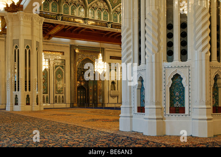 Central prayer hall at Sultan Qaboos Grand Mosque, Muscat, Sultanate of Oman, Arabia, Middle East Stock Photo