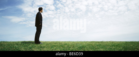 Businessman standing in grassy filed with hands in pockets, looking at view Stock Photo