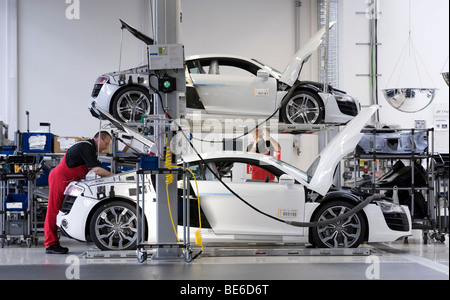 Audi employees doing final inspections of the Audi R8 sports car at the finish line in the Audi R8 assembly hall, Baden-Wuertte Stock Photo