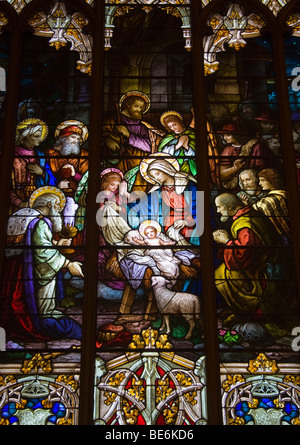 A depiction of the Nativity of Jesus Christ in stained glass at St. Patrick's Roman Catholic Church in Bisbee, Arizona. Stock Photo