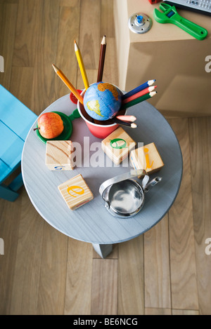 Educational toys on table, overhead view Stock Photo