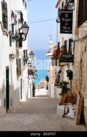 Alley with a view to the sea, Altea, Costa Blanca, Spain, Europe Stock Photo