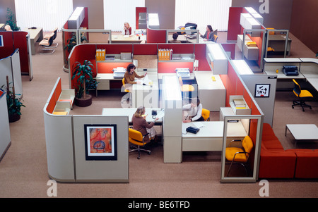 1980s open plan space offices with people overview Stock Photo