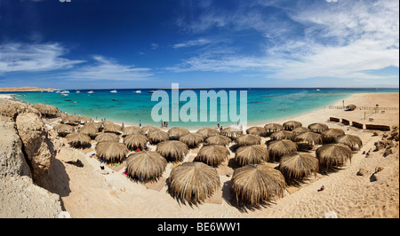 Panorama, Mahmya, beach, parasols, people, ships, lagoon, horizon, Giftun Island, Hurghada, Egypt, Africa, Red Sea Stock Photo