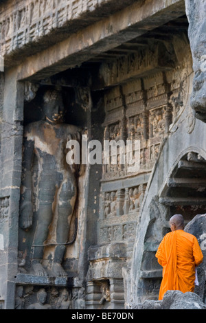 Buddhist Monks at Ajanta Caves in India Stock Photo