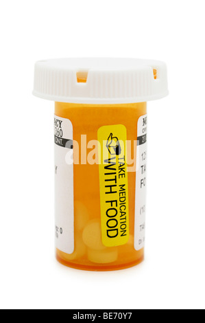 Prescription Bottle with advisory / warning messages on labels. Stock Photo