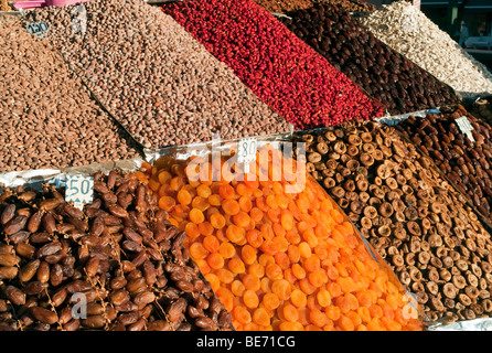 Dried fruit, nuts and dates in a market, Djemaa el-fna Marrakech, Morocco, Africa Stock Photo