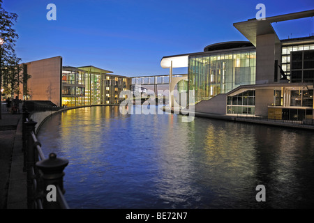 Jakob Kaiser House in front, and Marie Elisabeth Lueders house to the right, in the government quarter at night, Berlin, German Stock Photo