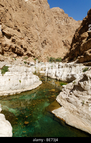 Clear blue water in the canyon of Wadi Shab, Hajar ash Sharqi Mountains, Sharqiya Region, Sultanate of Oman, Arabia, Middle East Stock Photo