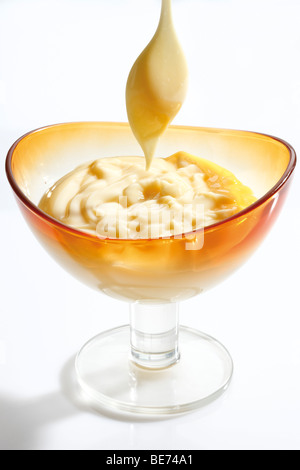 Vanilla pudding in a glass bowl Stock Photo