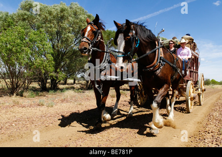 Tourists on a horse drawn carriage, stagecoach, Longreach, Queensland Outback, Australia Stock Photo