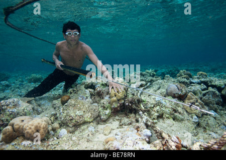 Fisherman hunting fish with a primitive harpoon in the Bunaken National Park, Indonesia, Southeast Asia Stock Photo
