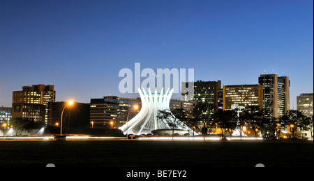 View of the Cathedral of Brasilia in the evening light, architect Oscar Niemeyer, Brasilia, Distrito Federal state, Brazil, Sou Stock Photo