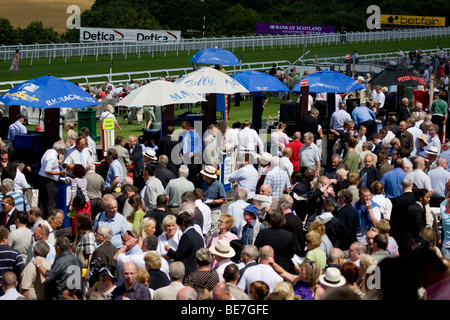 Crowd scene of people enjoying a sunny day at Goodwood Racecourse in Sussex at Glorious Goodwood Stock Photo