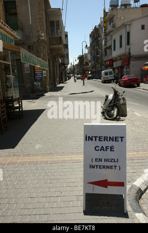 Internet Café sign in the northern (Turkish) part of Nicosia, Cyprus. Txt in English and Turkish. Stock Photo