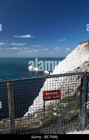 Sheer cliffs sign at the Needles on the Isle of Wight Stock Photo