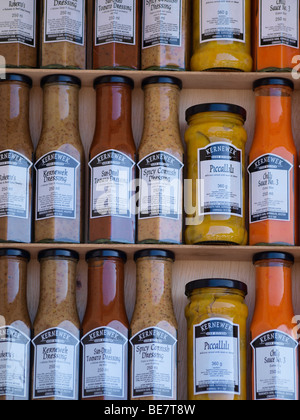 Dressings and sauces for sale at Bude farmers market, Cornwall. Stock Photo