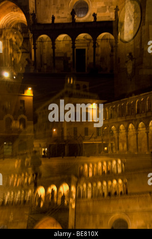 Cathedral of Cremona and town square at night, Multiple Exposure, Piazza Duomo, Cremona, Lombardy, Italy Stock Photo