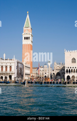 Gondolas in front of the Campanile Tower and Basilica San Marco, Venice, Veneto, Italy Stock Photo