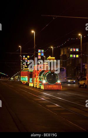 Blackpool, UK: Decorated Blackpool Tram on the promenade at the seaside resort of Blackpool during the annual Illuminations Stock Photo