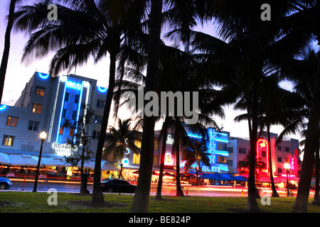 Neon signs on houses at Ocean Drive at dusk, South Beach, Miami Beach, Florida, USA Stock Photo