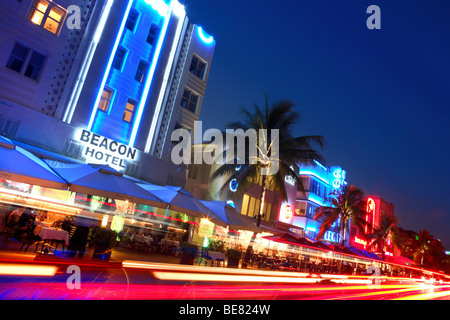 Neon sign at hotels on Ocean Drive at night, South Beach, Miami Beach, Florida, USA Stock Photo