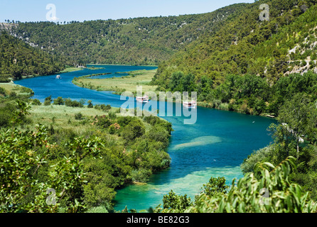 Excursion boats on Krka River, Krka National Park, Dalmatia, Croatia, Europe Stock Photo