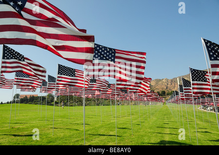 USA, California, Los Angeles, 9/11 Memorial at Pepperdine University in Malibu with multiple union flags flying from masts.