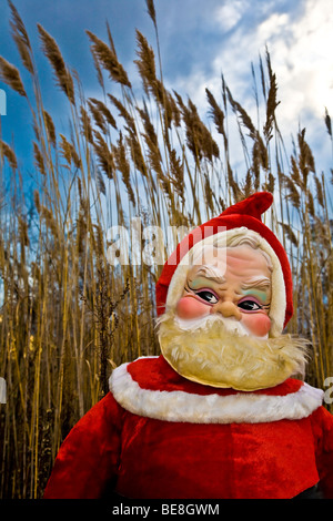 A 1960's era stuffed Santa Claus stands in the evening light in front of golden rushes and a blue sky Stock Photo