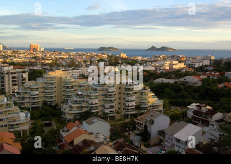 Aerial view of Barra da Tijuca neighborhood at sunset, Rio de Janeiro, Brazil Stock Photo
