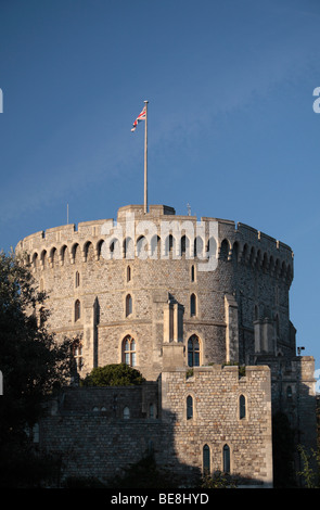 The Union Flag flying from the Round Tower of Windsor Castle, Berkshire, UK.