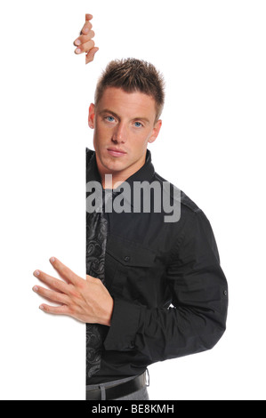 Young businessman holding blank sign isolated on a white background Stock Photo