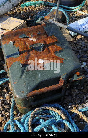 Fuel can and ropes on beach, Aldeburgh Suffolk Stock Photo