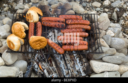 BBQ, hot dogs and buns grilling, cooking on a camp fire, upper Liard River, Yukon Territory, Canada Stock Photo