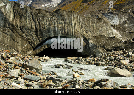 Glacier snout of the Langgletscher glacier with the Lonza river as meltwater effluent at the end of the glacier tongue, Loetsch Stock Photo