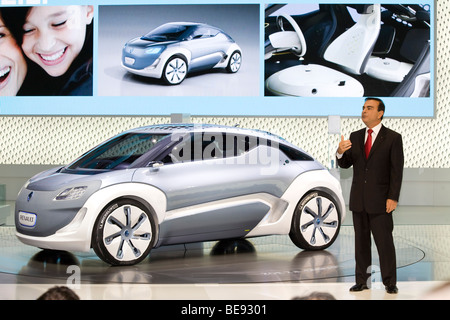 Carlos Ghosn chief executive officer of Renault and  Nissan with Zoe ZE concept gives a speech at press launch Stock Photo