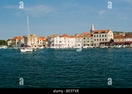 Croatia; Hrvartska; Kroatien, Hvar Island; Strai Grad, fishboats tied-up on waterfront of old town Stock Photo