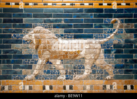 Lion mosaic on wall of Processional Way from Babylon in Pergamon Museum on Museumsinsel in Berlin Germany Stock Photo