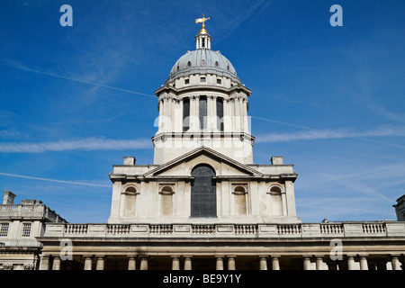 External view of the spire of the St Peter & St Paul Chapel, Queen Mary Court, Old Royal Naval College, Greenwich, London, UK. Stock Photo