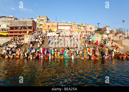 Bathing in the Ganges River at Nedar Ghat in Varanasi India Stock Photo