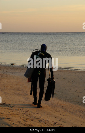 Scuba diver going to do a night dive from a beach, Marsa Alam Stock Photo