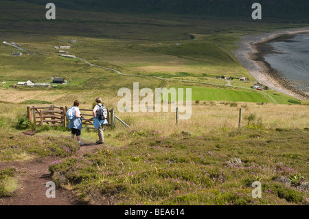 dh Rackwick HOY ORKNEY Woman hikers viewing Rackwick bay countryside people uk scotland view ramblers walker isle path