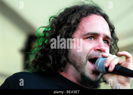 Lead singer Nick Taylor-Stokes of band Vallenbrosa performing live at Butserfest 2009, Queen Elizabeth Country Park... Stock Photo