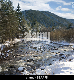 Iskar river with snowy stones, near Mala Tsarkva. Winter in Rila mountain. Stock Photo