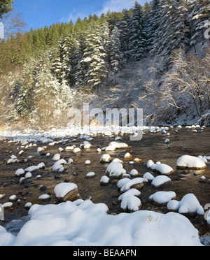 Iskar river with snowy stones, near Mala Tsarkva. Winter in Rila mountain. Stock Photo