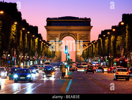 Paris at Night  Arc de Triomphe and Champs Elysees Stock Photo