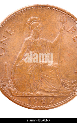 One penny coin from 1967 old British money showing Britannia last used in 1970 Stock Photo