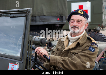 1940 Wartime World War II,Second World War,WWII,WW2 army man. Bearded British Soldier re-enactor in Military Uniform with Lee Enfield Rifle, Southport Stock Photo