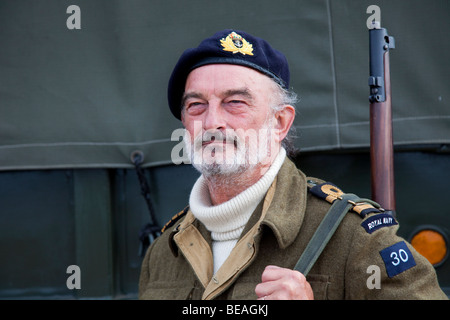 1940 Wartime World War II,Second World War,WWII,WW2 army man. Bearded British Soldier re-enactor in Military Uniform with Lee Enfield Rifle, Southport Stock Photo