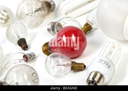 collection of different kind of light bulbs on white panel Stock Photo